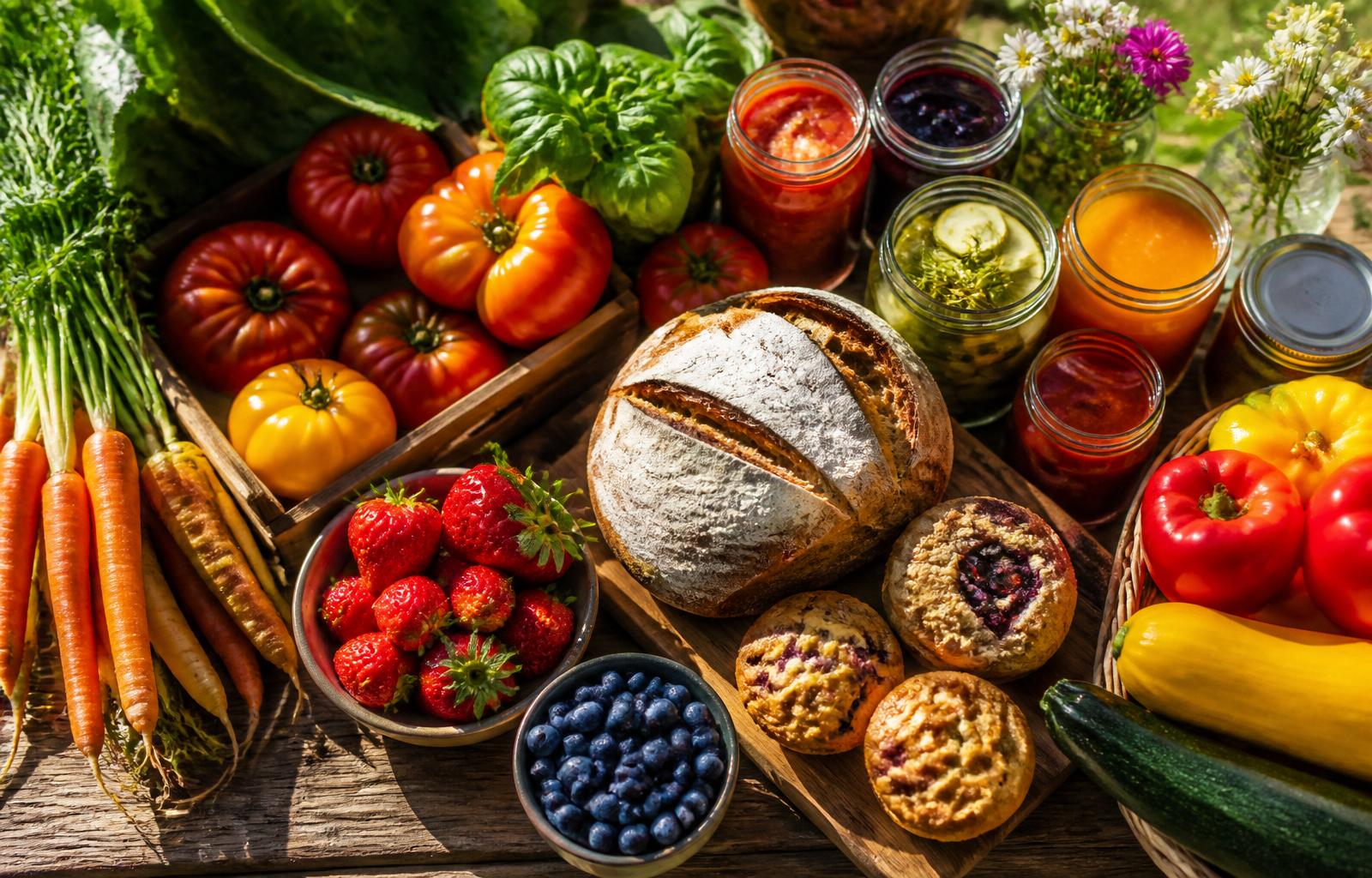 A sunlit table of fresh farm produce, jars of preserves, baked goods and berries